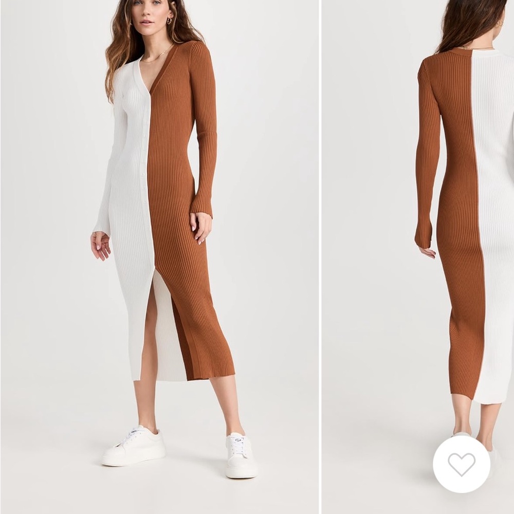 STAUD Brown Ribbed Long Sleeve V-Neck Bodycon Dress